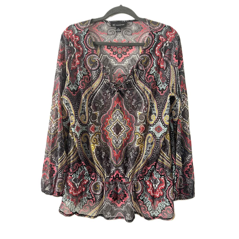 INC Blouse Womens Size XL Black Peasant Long Sleeve Paisley Print Sheer Blouse